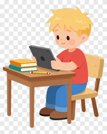 Child Using Tablet At Desk PNG
