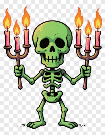 Green Skeleton Holding Candles PNG
