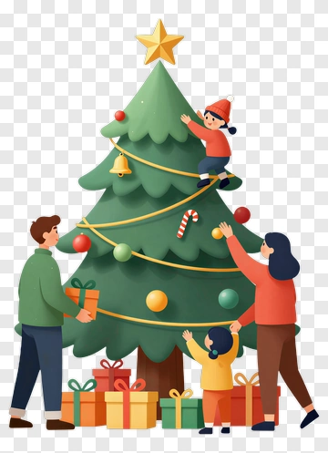 Family Decorating Christmas Tree PNG