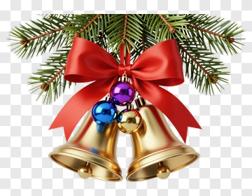 Christmas Bells With Red Bow And Pine Branches PNG