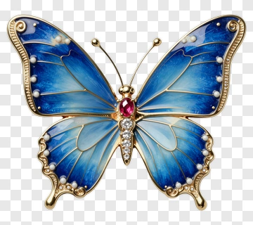 Blue Butterfly Brooch With Gold Accents PNG