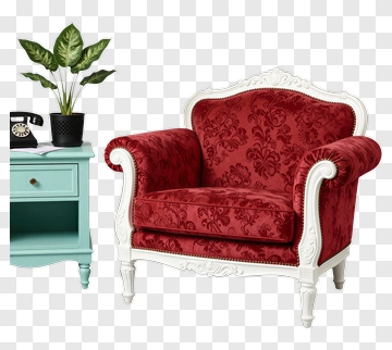 Vintage Red Armchair With Plant And Phone PNG