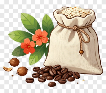 Coffee Bean Sack With Flowers And Leaves PNG
