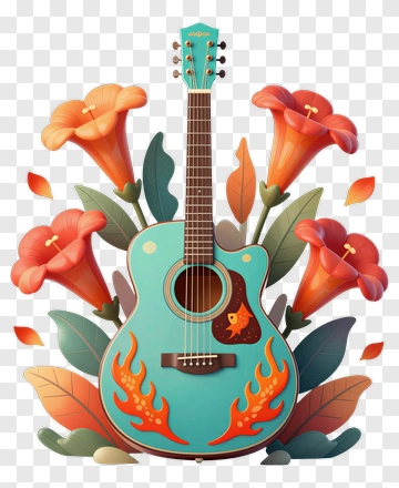 Teal Guitar Surrounded By Flowers PNG