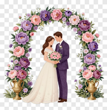 Bride And Groom Under Floral Arch PNG