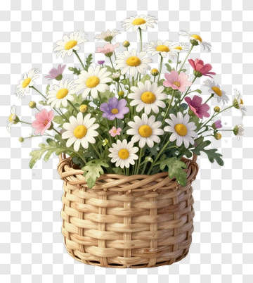 Flower Bouquet In Wicker Basket PNG