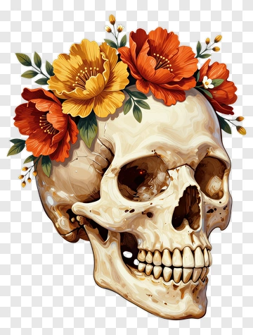Skull Adorned With Vibrant Flowers PNG