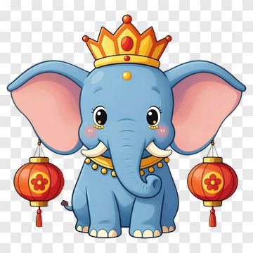 Cute Elephant With Crown And Lanterns PNG