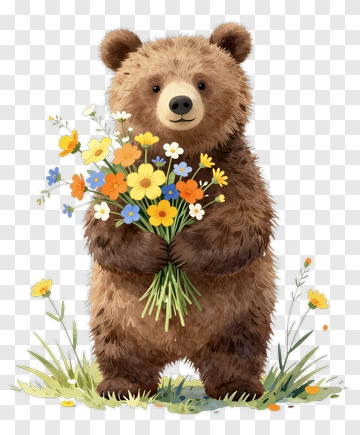 Bear Holding Bouquet Of Flowers PNG