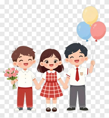 Happy Children Holding Balloons And Flowers PNG