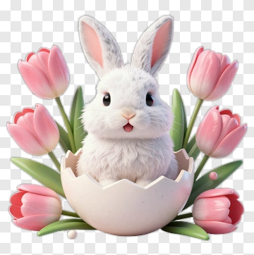 White Rabbit Emerging From Egg With Tulips PNG