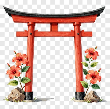 Red Torii Gate With Hibiscus Flowers PNG