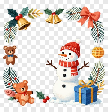 Christmas Snowman With Teddy Bears And Gift PNG