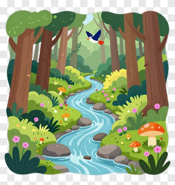 Forest Stream With Bird And Mushroom PNG