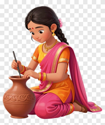 Indian Girl Crafting Pottery PNG