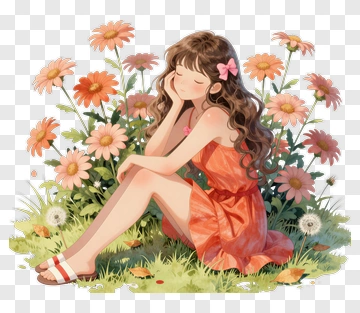 Girl Sitting Among Flowers PNG