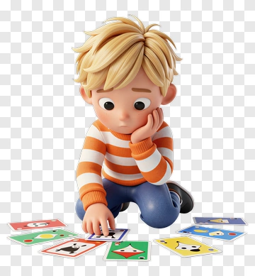 Boy Thinking While Playing Cards PNG