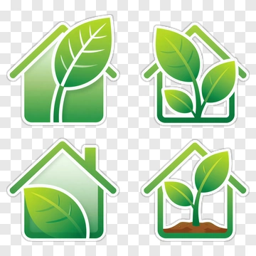 Four Green House Icons With Leaves And Plants PNG