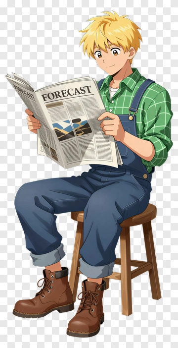 Boy Reading Newspaper In Overalls PNG