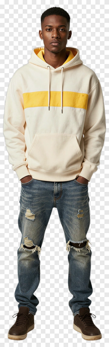 Man In Beige Hoodie And Ripped Jeans PNG