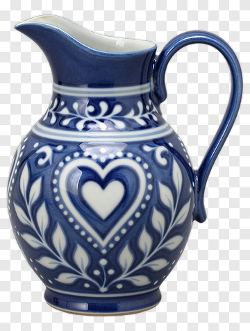 Blue And White Ceramic Pitcher With Heart Design PNG