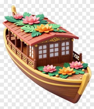 Decorative Boat With Lotus Flowers PNG