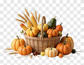 Autumn Harvest Basket With Pumpkins And Corn PNG