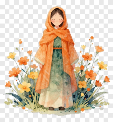 Girl In Orange Scarf Standing In Flowers PNG