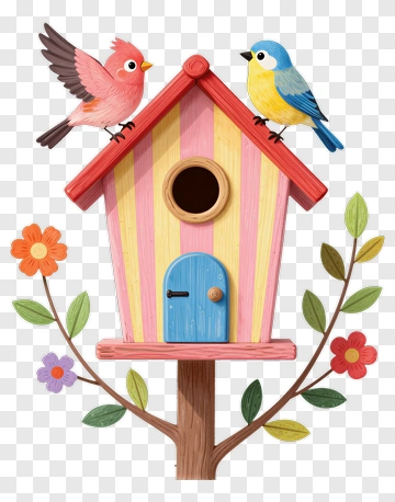 Colorful Birdhouse With Two Birds PNG