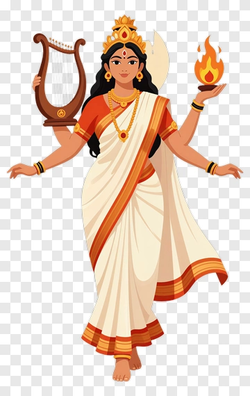 Goddess Saraswati With Harmonium And Flame PNG