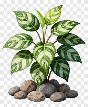 Green Variegated Plant With Stones PNG