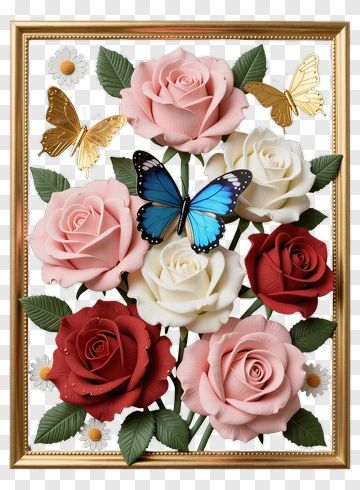 Roses And Butterflies In Gold Frame PNG