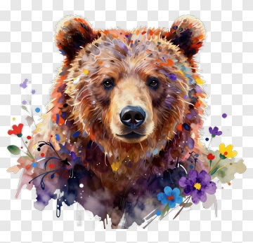 Bear With Floral Watercolor Splashes PNG