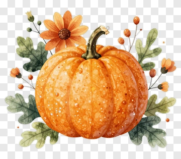 Watercolor Pumpkin With Flowers And Leaves PNG