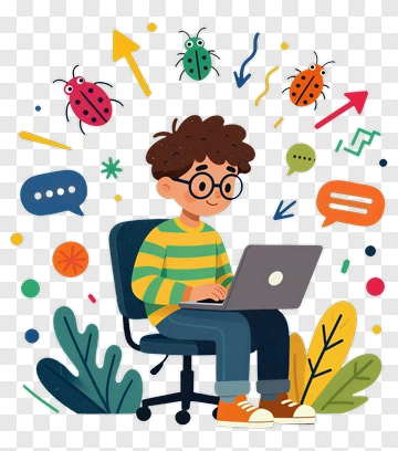 Boy Working On Laptop With Creative Elements PNG