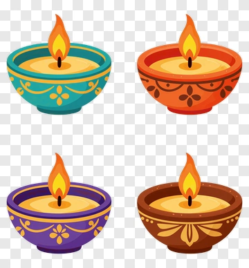 Four Colorful Diya Lamps With Flames PNG
