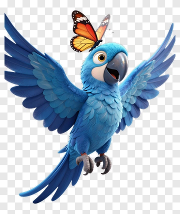 Blue Parrot With Orange Butterfly PNG