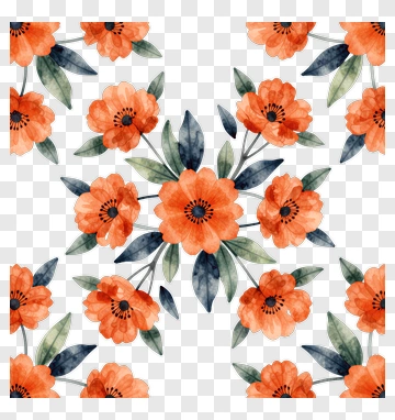 Orange Watercolor Flowers With Green Leaves PNG