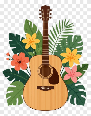 Acoustic Guitar With Tropical Flowers PNG