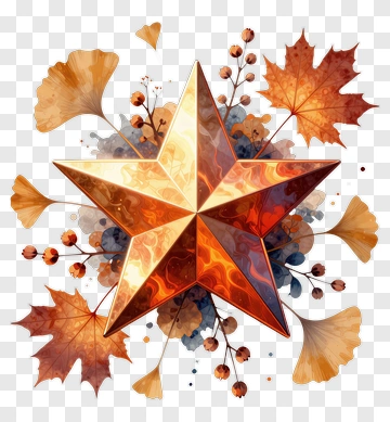 Golden Star With Autumn Leaves PNG
