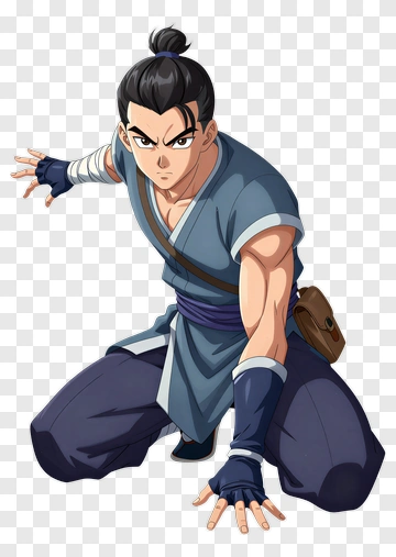 Anime Martial Artist In Kneeling Stance PNG