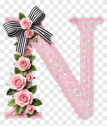 Decorative Letter N With Roses And Lace PNG