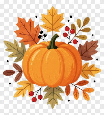 Autumn Pumpkin With Leaves And Berries PNG