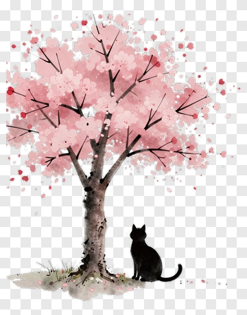 Black Cat Under Cherry Blossom Tree PNG