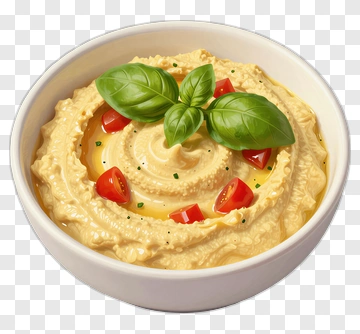 Hummus In A White Bowl With Basil And Tomato PNG
