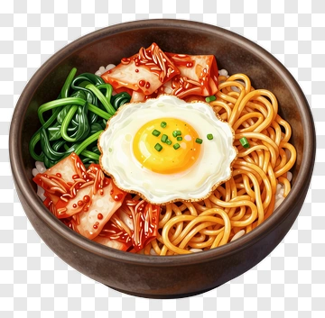 Bowl Of Noodles With Fried Egg And Kimchi PNG