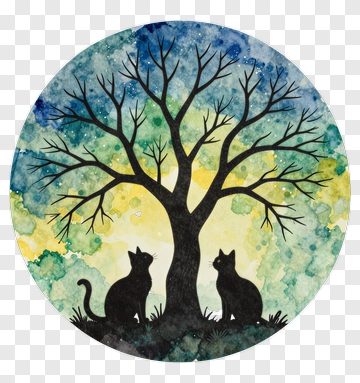 Silhouetted Cats Under A Tree PNG