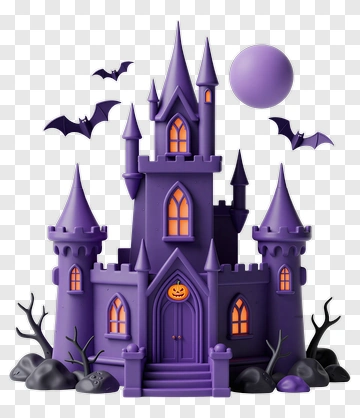 Purple Halloween Castle With Bats And Moon PNG