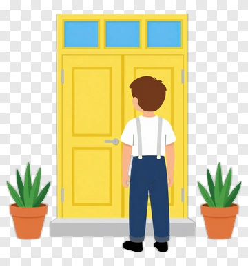 Boy Standing In Front Of Yellow Door PNG