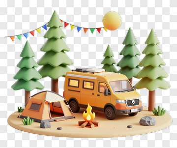 Camping Van With Tent And Campfire PNG